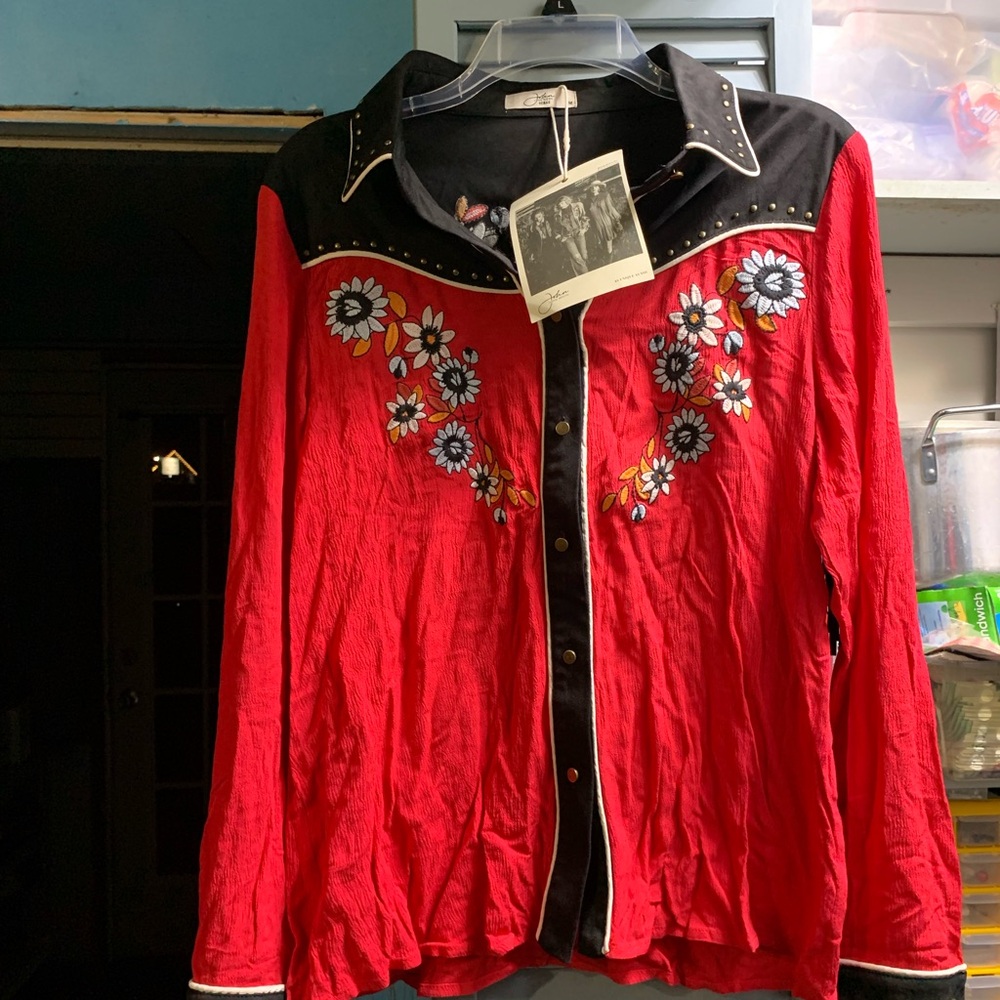 John moon Red and Black Floral Embroidered Blouse